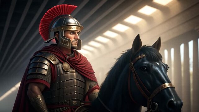 A Roman soldier in full armor on a black horse. Cinematic portrait of an ancient warrior general. History of the Roman Empire concept
