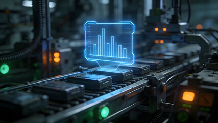 Futuristic smart factory assembly line with floating holographic interface