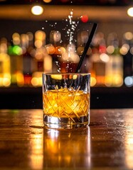 Whisky drink glass on the table in the nightclub