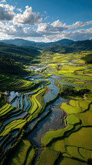 Lush Green Rice Paddies Reflecting Bright Blue Sky in Peaceful Rural Landscape