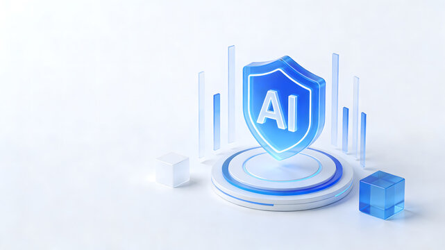 3D isometric AI icon with glowing blue shield on high tech pedestal