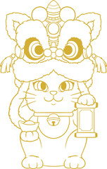 Obraz premium Lucky Cat Wearing Lion Dance Head Holding Scroll Line Art Illustration