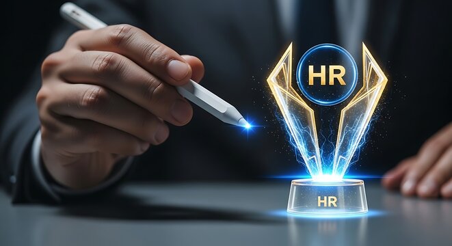 Hand touching a glowing hr award with a digital pen