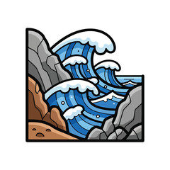 A large wave crashing against rocks