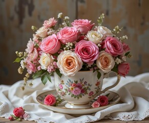 Una delicada taza de cer&aacute;mica de inspiraci&oacute;n vintage rebosa con un exuberante y colorido ramo de rosas