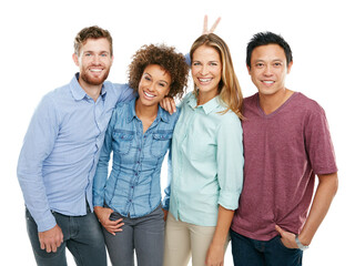 Creative, team and playful people in portrait in studio for collaboration, unity and happy bunny ears hand. Diversity, funny gesture and employee group in partnership with support on white background