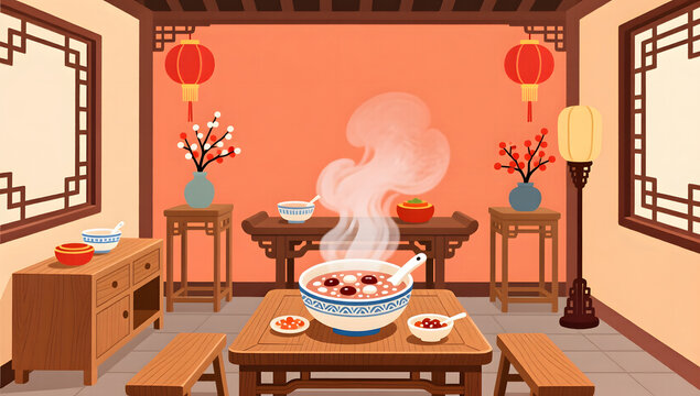 Traditional Laba Festival setting in a warm Chinese room