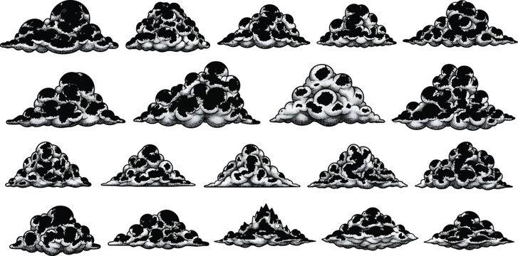 Set of dark smoke and explosion cloud sprites for game design assets
