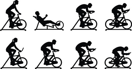 Indoor cycling workout silhouettes set, men and women exercising on stationary bikes, black fitness vector illustration collection for gym, training, health design