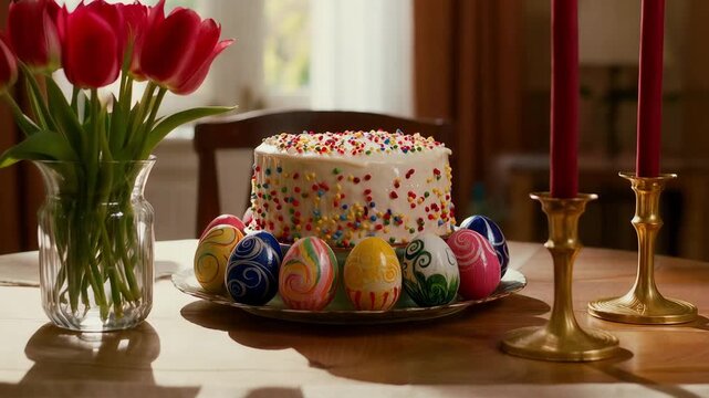 Festive Easter table with a sprinkle cake and painted eggs. A celebratory centerpiece with red tulips and candles. Spring holiday tradition concept