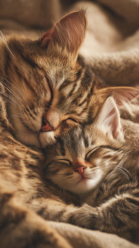 Mother Cat Gently Hugging Sleeping Kitten in Warm Cozy Bed with Soft Natural Daylight