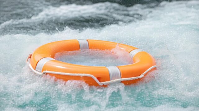 An orange life preserver floats in turbulent, choppy turquoise water, symbolizing safety and rescue.