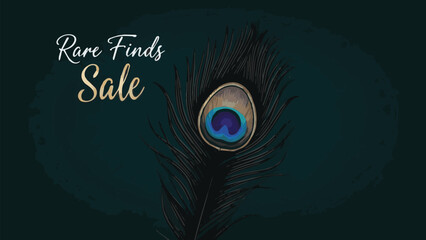 Elegant Peacock Feather Banner for a Rare Finds Sale Event, Featuring Luxurious Design and Exotic Bird Plumage