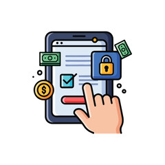 A hand interacting with a smartphone with financial and security symbols around it