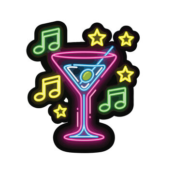 A neon sign of a cocktail with music notes and stars