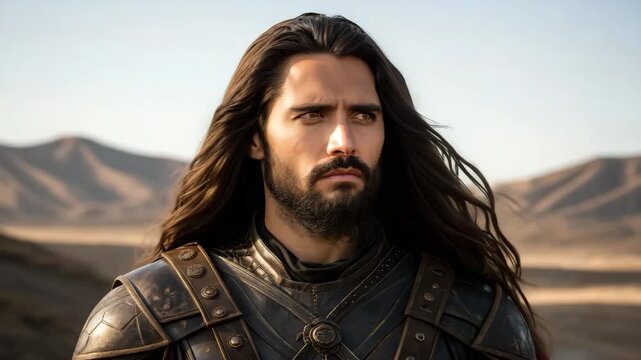 Cinematic portrait of a handsome warrior with long hair and a beard. A strong man in leather armor gazes into the distance in a desert landscape. Epic fantasy hero concept