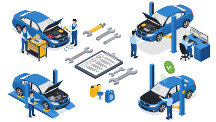 A detailed isometric vector illustration depicting a car repair workshop with mechanics and equipment