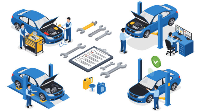 A detailed isometric vector illustration depicting a car repair workshop with mechanics and equipment