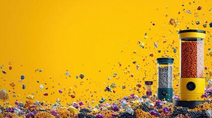 Vibrant Scene With Smart Pet Tech Gadgets Showing AI Feeders and GPS Trackers Among Colorful Pet Food Scattered on a Bright Surface