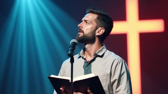 A man sings or preaches on stage holding a Bible. A pastor delivers an emotional sermon in front of a glowing cross. Christian faith and worship concept