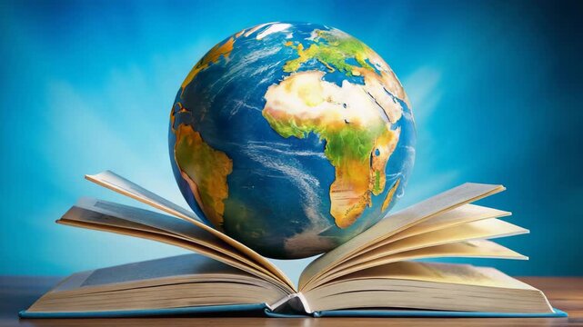 Globe resting on an open book on a wooden table with a bright blue background for global education concept and knowledge discovery