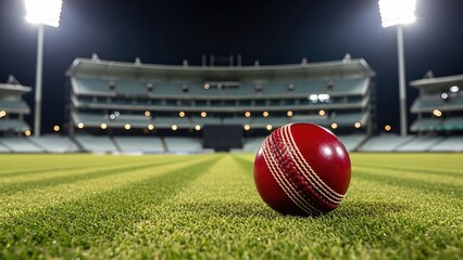 Cricket ball on pitch in illuminated stadium during evening match