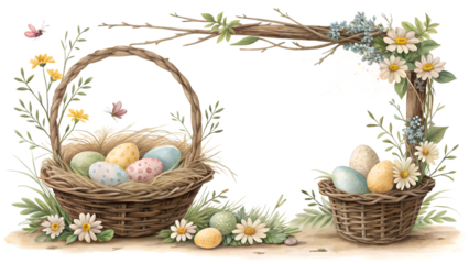 Rustic Easter frame made of woven baskets, eggs, wildflowers, and twigs, natural spring colors, farmhouse aesthetic, warm soft lighting, realistic illustration, isolated on transparent background