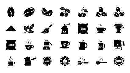 A comprehensive collection of coffee-related icons, featuring beans, cherries, brewing equipment, and cups, perfect for culinary and beverage themes.