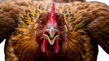 Close-up shot of an angry chicken showcasing vibrant plumage and intense expression with bright eyes and open beak