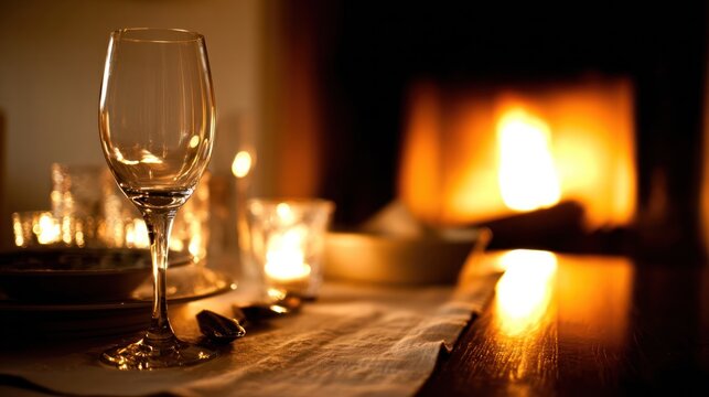 A cozy dining room with a fireplace and a glass on the table. real-estate listings, architecture portfolios, designed for real-estate listing and luxury residence showcases.