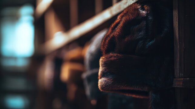 Close-up of a deep brown bearskin ushanka resting on a wooden coat rack in low-key lighting. wildlife magazines, conservation campaigns, designed for eco-tourism and conservation narratives.