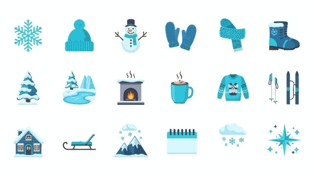 A collection of flat design winter icons including snowflake, hat, snowman, mittens, scarf, boots, trees, ice, fireplace, hot chocolate, sweater, skis, house, sled, mountains, calendar