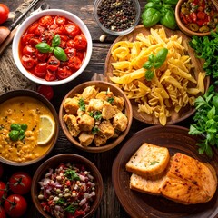 An aerial food spread bright tomatoes, pasta, chicken, soup, relish on a wooden surface with fresh herbs