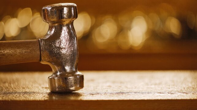 Hammer striking silver metal sheet on a workshop bench, detailed close-up of controlled metalworking technique. safety posters, maintenance manuals.
