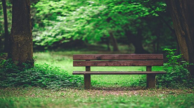 A serene park bench sits empty amidst lush greenery under natural daylight. travel magazines, destination branding, designed for outdoor magazines and nature guides, inspires travel planning.