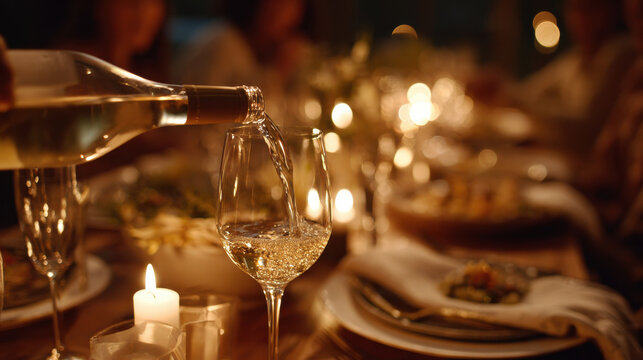 Pouring Wine into Glass at Candlelit Dinner Party with Guests in Soft Focus Background