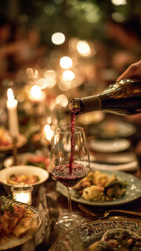 Pouring Wine into Glass at Candlelit Dinner Party with Guests in Soft Focus Background
