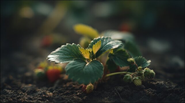Close-up of a strawberry plant's stolon creeping across soil in morning light. gardening catalogs, home-decor guides, designed for gardening and botanical catalogs, enhances decor appeal.