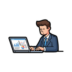 A man in a suit working on a laptop with graphs on the screen