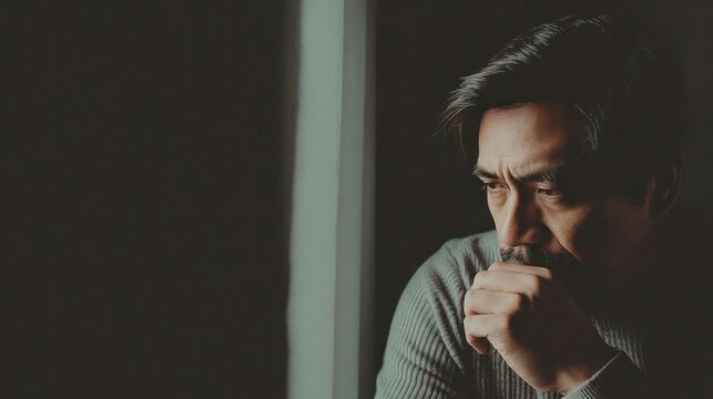 Thoughtful individual in contemplation, bathed in soft window light with a minimalist background. wellbeing guides.