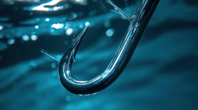 A close-up underwater view of a metal fish hook in clear blue seawater. Specially designed for transportation and urban traffic guidance, it explains navigation.
