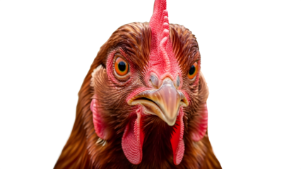 Close-up portrait of a brown chicken with vibrant red comb and wattles looking directly at the camera with bright orange eyes