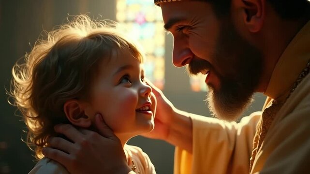 Priest in solemn mood baptizing infant in church against religious interior background
