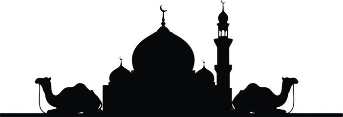 Ramadan mosque silhouette vector with camels, Islamic festival black illustration