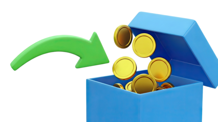 Green arrow pointing into a blue box filled with gold coins