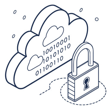 A vector graphic illustration of a cloud with binary code and a secure padlock