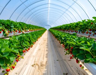 Greenhouse rows of vibrant strawberry plants, ripening fruits against a white, transparent roof