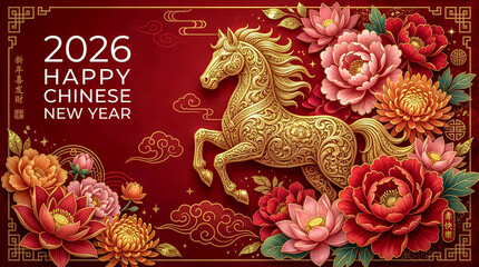 Chinese New Year greeting wallpaper or background with a golden horse motif among red and pink flowers with the text “2026 HAPPY CHINESE NEW YEAR”, festive and lively.