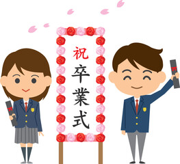 桜舞う制服の卒業式のイメージイラスト（男女）