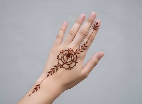Minimalist floral mehndi design on female hand with elegant rose henna pattern